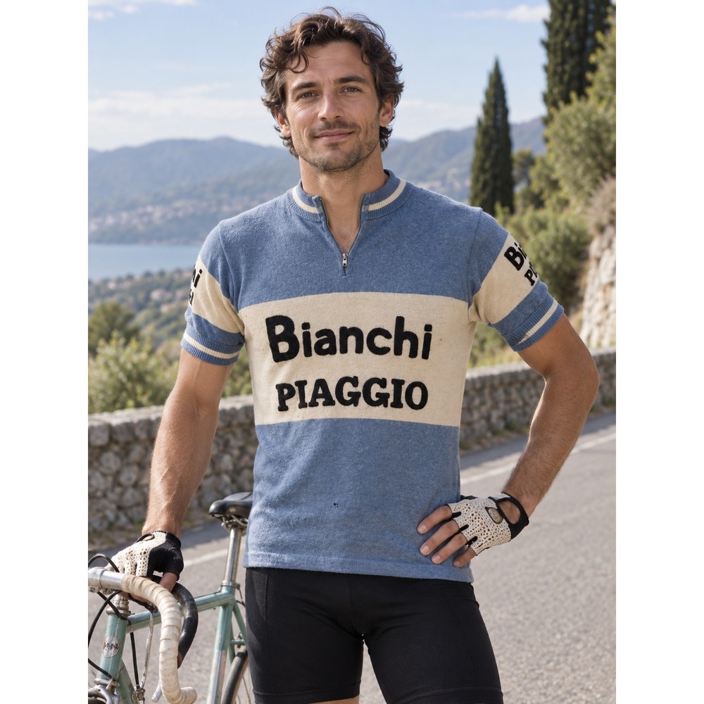 Bianchi Piaggio Cycling Jersey Mens IV Blue Cream Short Sleeve Retro Sport